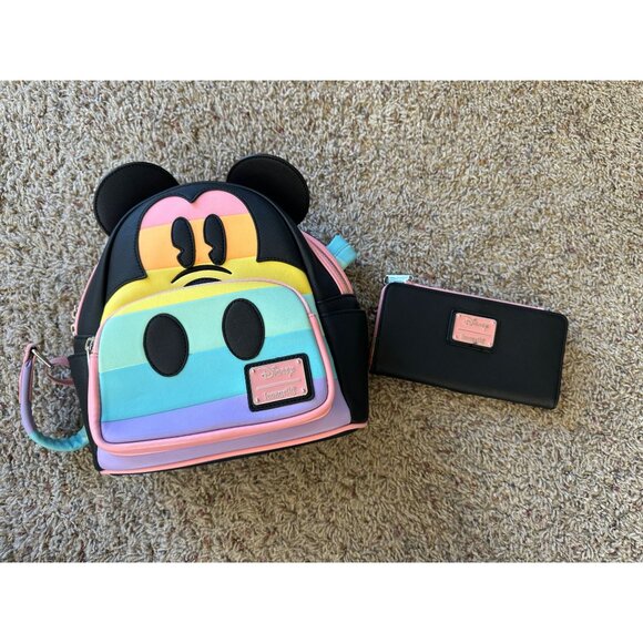 Disney Loungefly Handbags - Disney Loungefly Mickey Mouse Rainbow Backpack & Wallet Set Pride